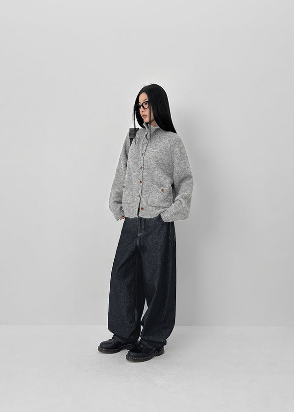 Long Bell Back Pocket Stitch Raw Fabric Wide Denim Pants