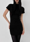 Pogeung High-neck Cap-sleeve Fleece Slim Mini Dress