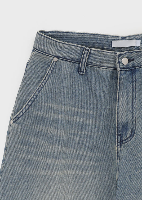 (UNISEX) Kubel Back Pocket Washed Fleece Wide Denim Pants