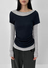 Pommel Color Block Layered Shirring Long-sleeved T-shirt