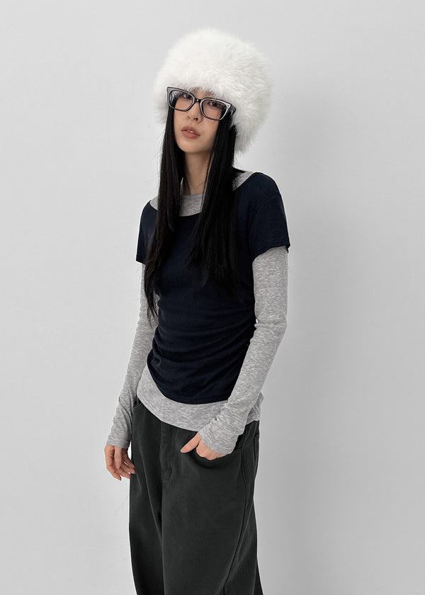 Pommel Color Block Layered Shirring Long-sleeved T-shirt