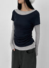 Pommel Color Block Layered Shirring Long-sleeved T-shirt
