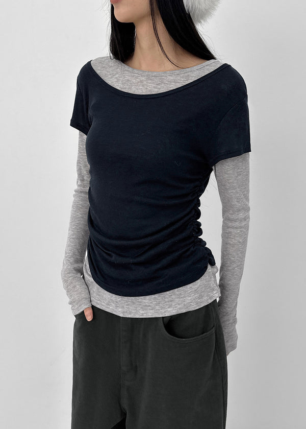 Pommel Color Block Layered Shirring Long-sleeved T-shirt