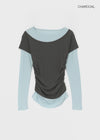 Pommel Color Block Layered Shirring Long-sleeved T-shirt