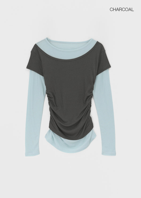 Pommel Color Block Layered Shirring Long-sleeved T-shirt