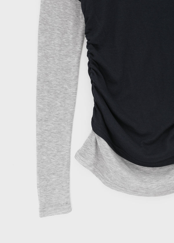 Pommel Color Block Layered Shirring Long-sleeved T-shirt