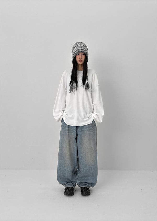 (UNISEX) Kubel Back Pocket Washed Fleece Wide Denim Pants