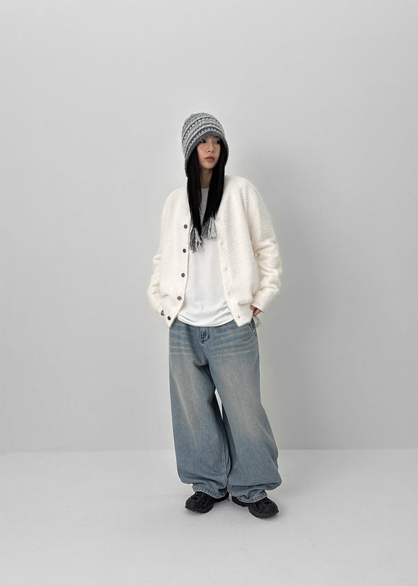 (UNISEX) Kubel Back Pocket Washed Fleece Wide Denim Pants