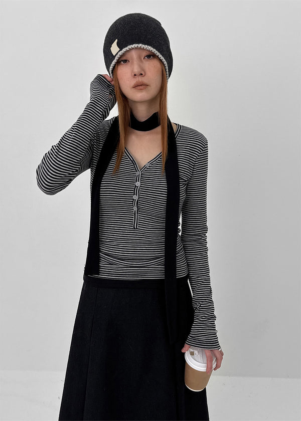 Defro Stripe Button V-Neck Long Sleeve T-Shirt