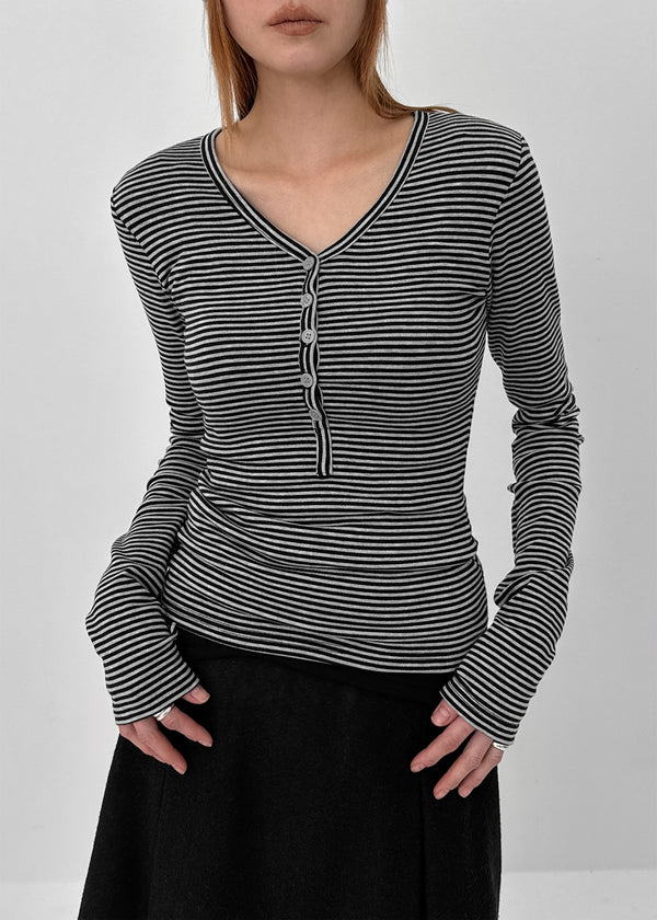 Defro Stripe Button V-Neck Long Sleeve T-Shirt