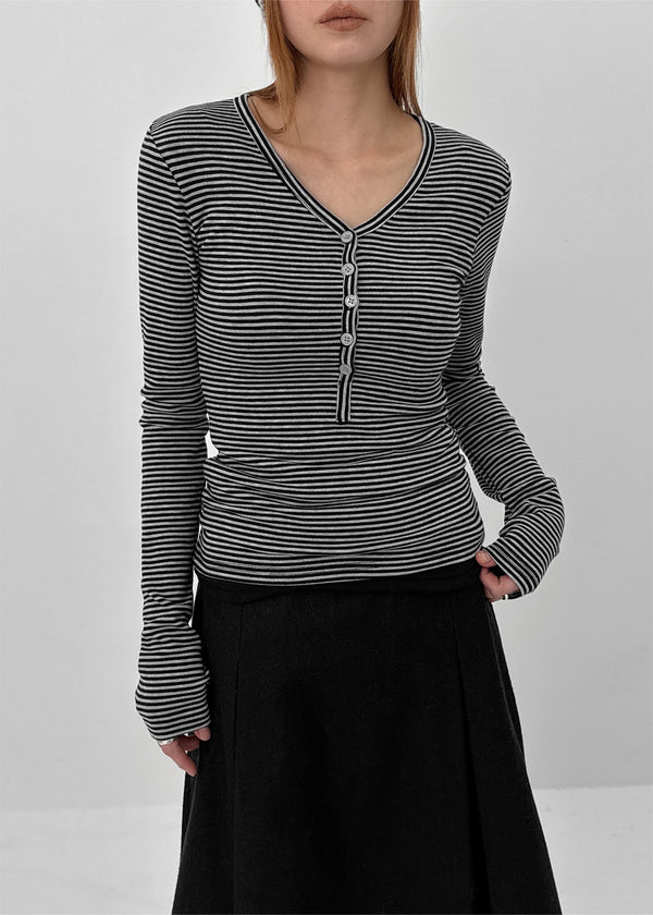 Defro Stripe Button V-Neck Long Sleeve T-Shirt