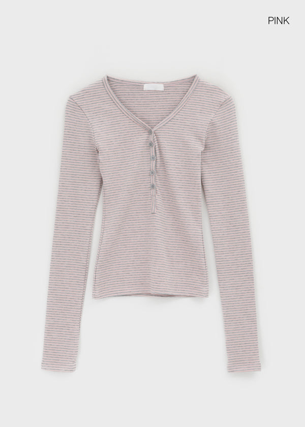 Defro Stripe Button V-Neck Long Sleeve T-Shirt