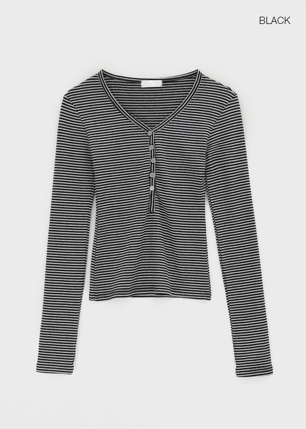 Defro Stripe Button V-Neck Long Sleeve T-Shirt