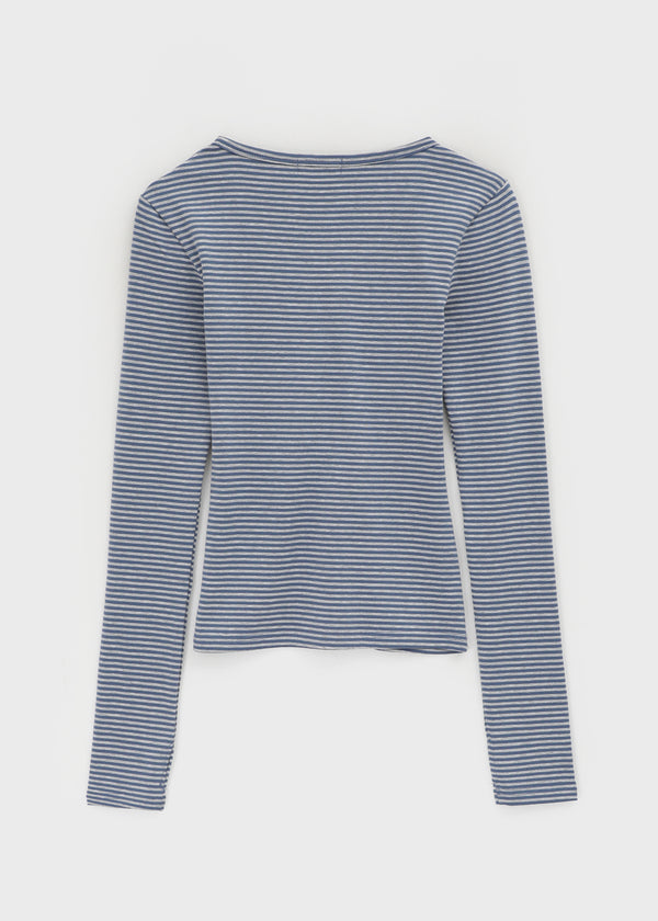 Defro Stripe Button V-Neck Long Sleeve T-Shirt