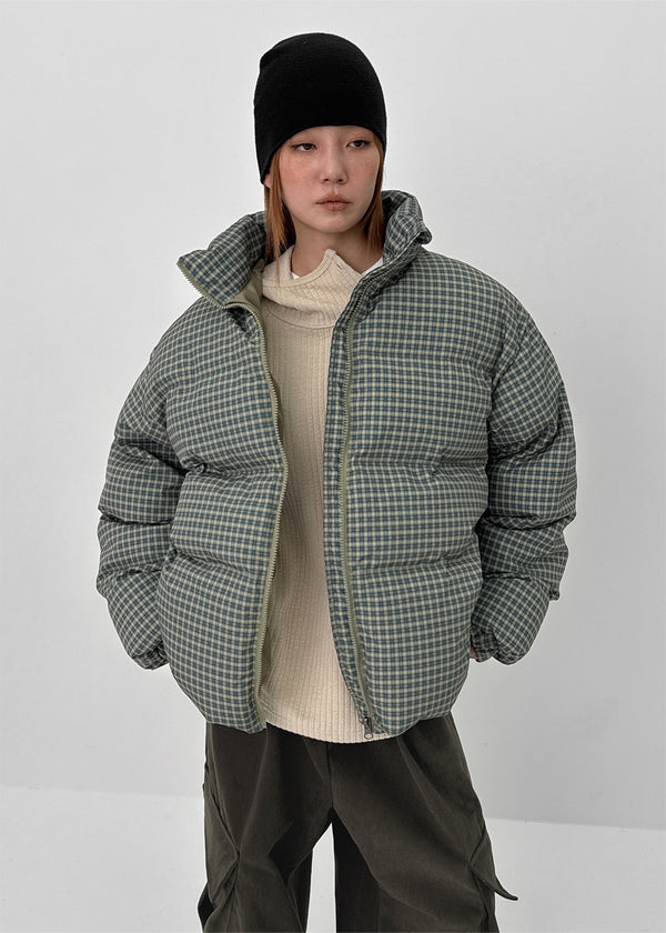 (UNISEX) Servy High-Neck Wellon Checked Padded Jacket