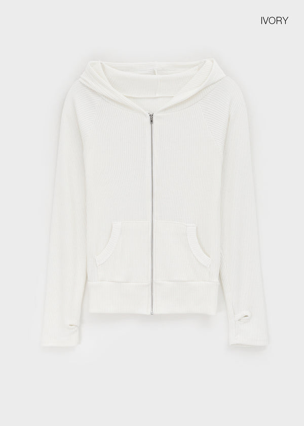 Chikarn Ribbed Warmer Hooded Zip-up (33% Wool)