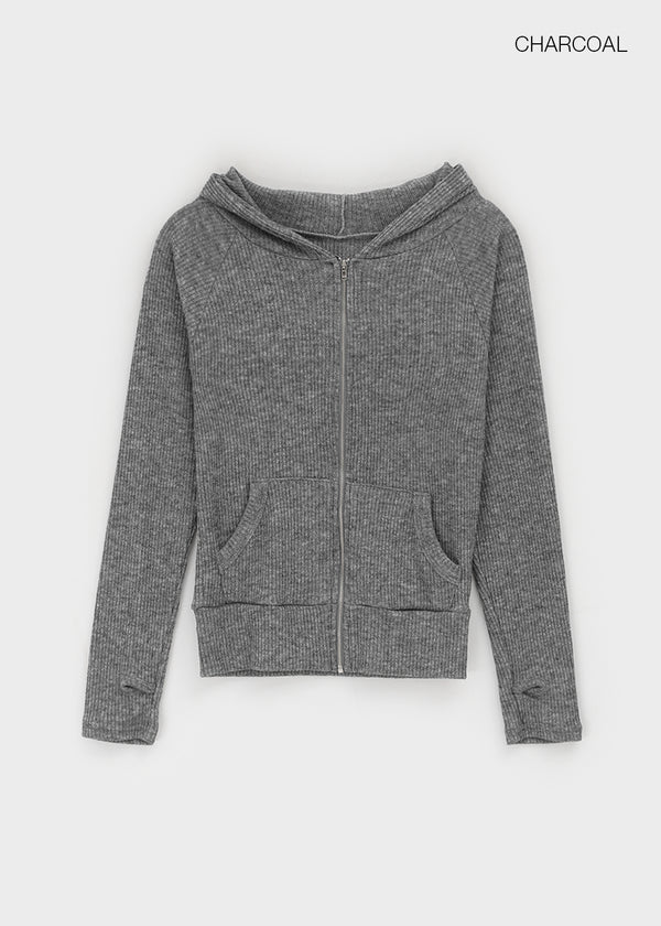 Chikarn Ribbed Warmer Hooded Zip-up (33% Wool)