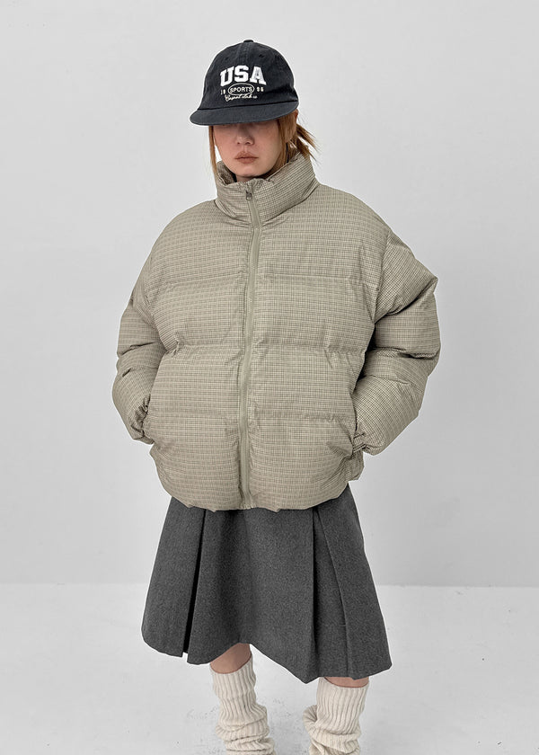 (UNISEX) Servy High-Neck Wellon Checked Padded Jacket