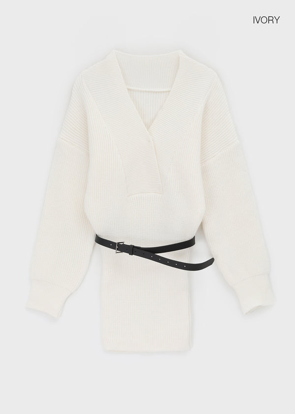 Simel Off-shoulder Button Knit Mini Dress (Belt Set)