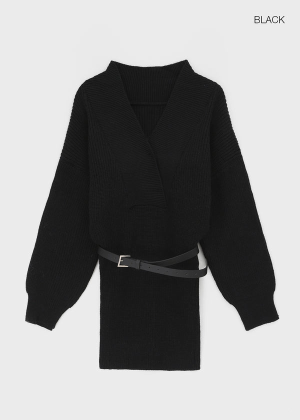 Simel Off-shoulder Button Knit Mini Dress (Belt Set)