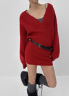 Simel Off-shoulder Button Knit Mini Dress (Belt Set)