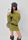 Lenge One-shoulder Loose-fit Knit Mini Dress (Belt Set)
