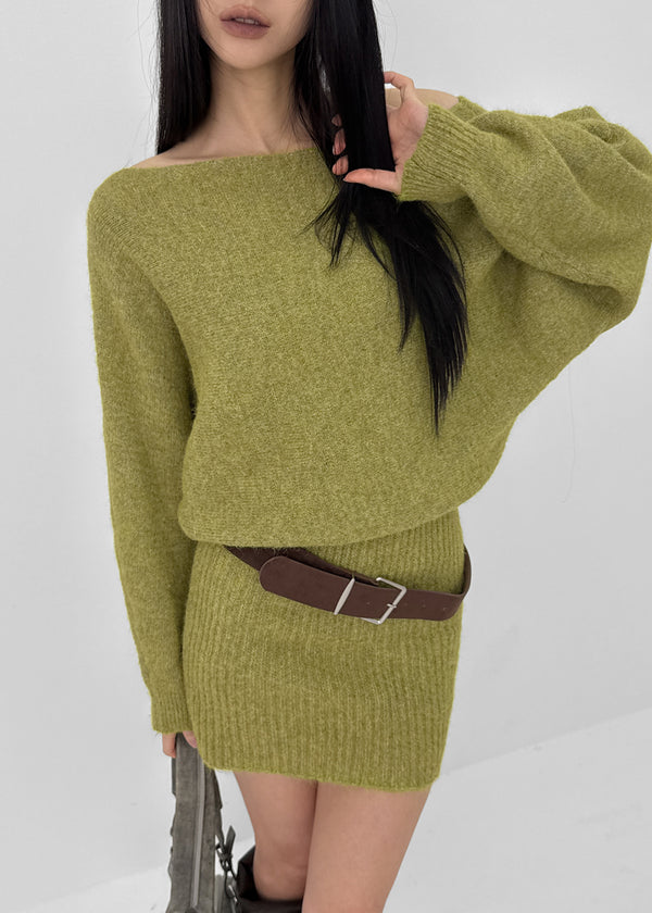 Lenge One-shoulder Loose-fit Knit Mini Dress (Belt Set)