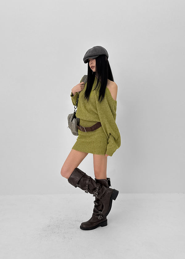 Lenge One-shoulder Loose-fit Knit Mini Dress (Belt Set)