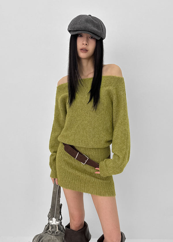 Lenge One-shoulder Loose-fit Knit Mini Dress (Belt Set)