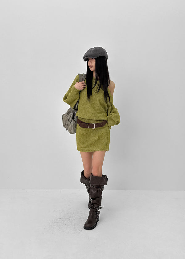 Lenge One-shoulder Loose-fit Knit Mini Dress (Belt Set)