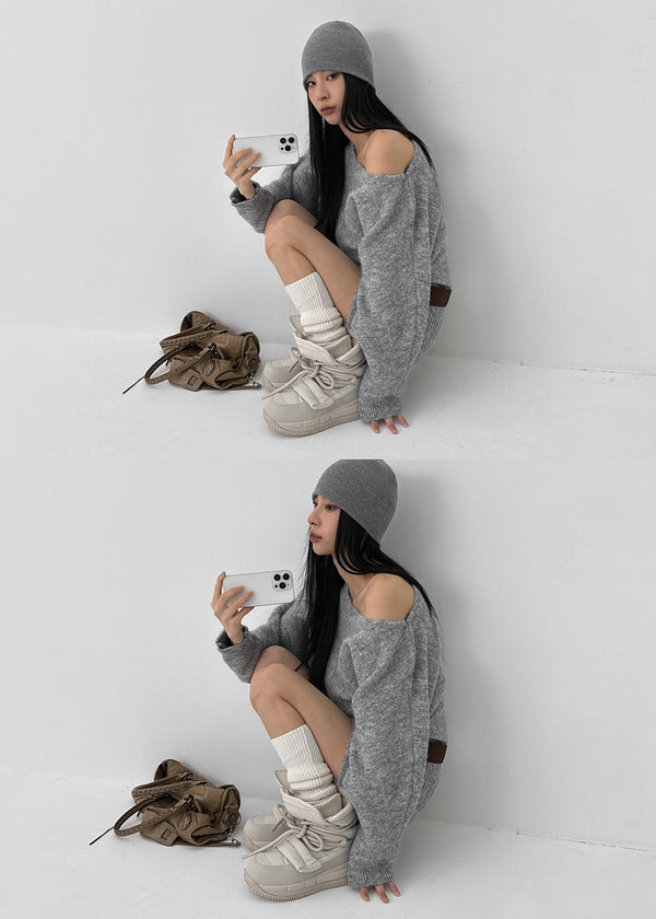 Lenge One-shoulder Loose-fit Knit Mini Dress (Belt Set)