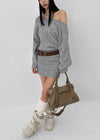 Lenge One-shoulder Loose-fit Knit Mini Dress (Belt Set)