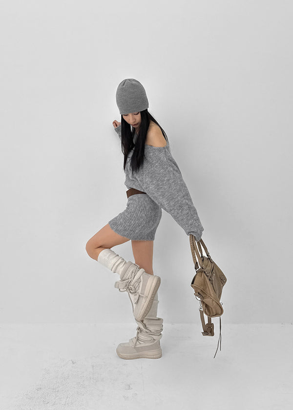 Lenge One-shoulder Loose-fit Knit Mini Dress (Belt Set)