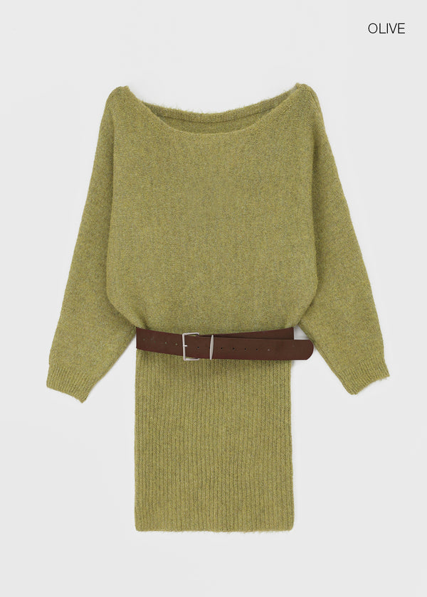 Lenge One-shoulder Loose-fit Knit Mini Dress (Belt Set)