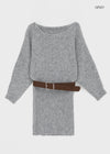 Lenge One-shoulder Loose-fit Knit Mini Dress (Belt Set)