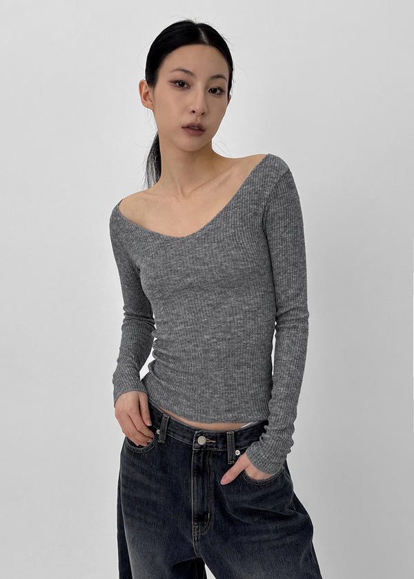 Jemper V-neck Cutout Ribbed Knit Long-sleeve Tee (33% Wool)