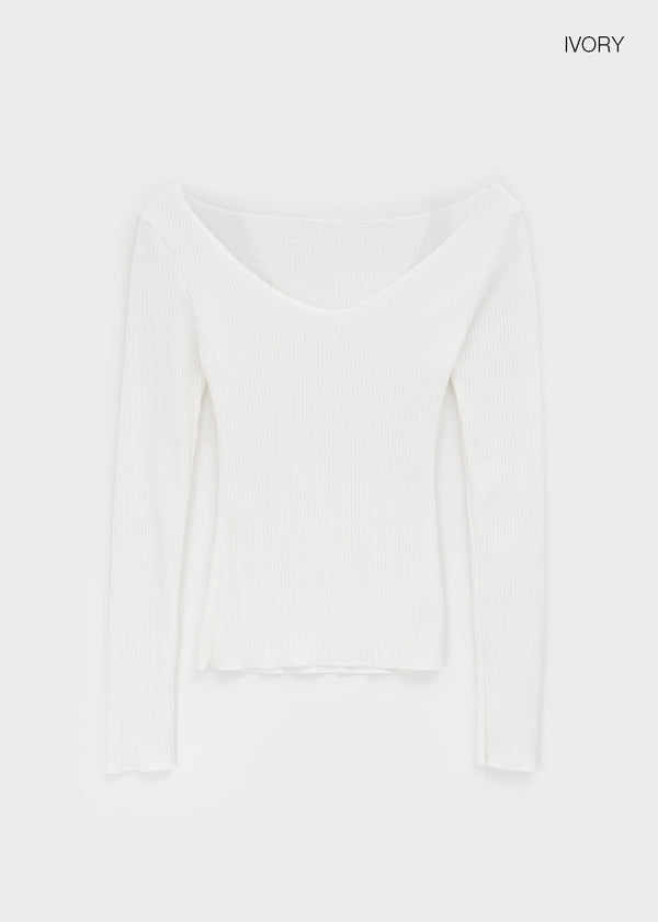 Jemper V-neck Cutout Ribbed Knit Long-sleeve Tee (33% Wool)