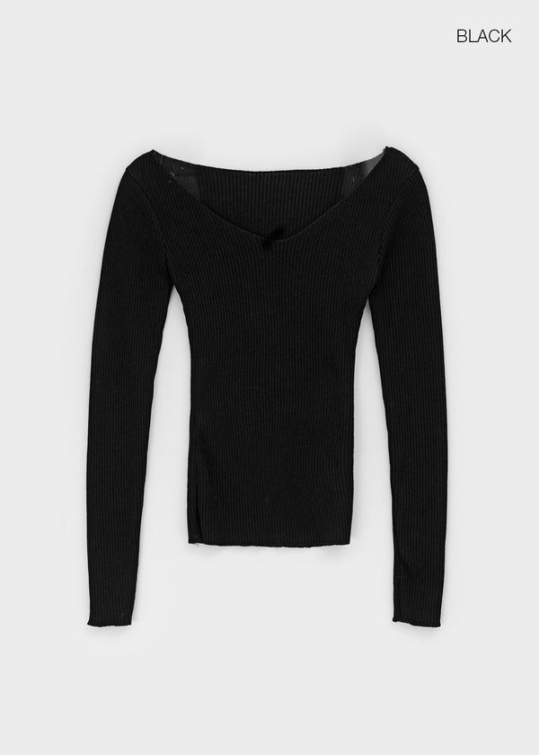 Jemper V-neck Cutout Ribbed Knit Long-sleeve Tee (33% Wool)