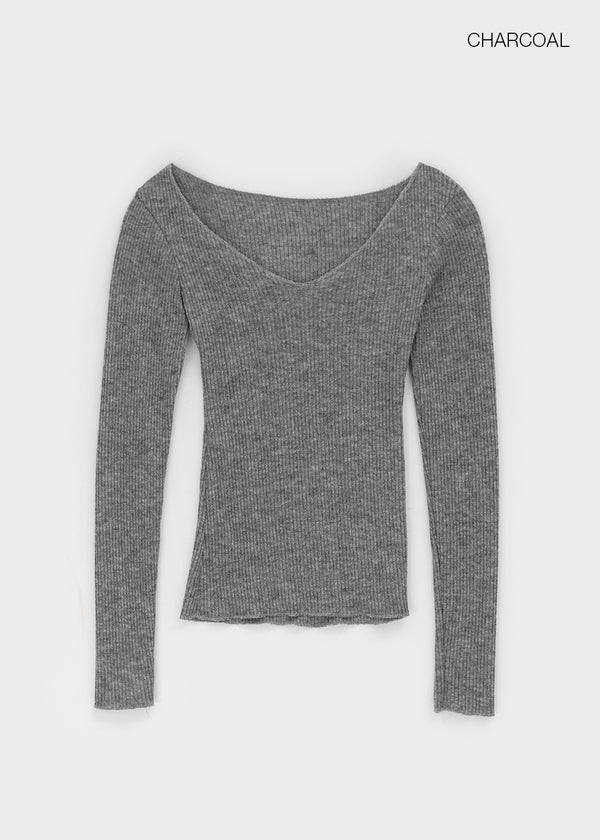 Jemper V-neck Cutout Ribbed Knit Long-sleeve Tee (33% Wool)