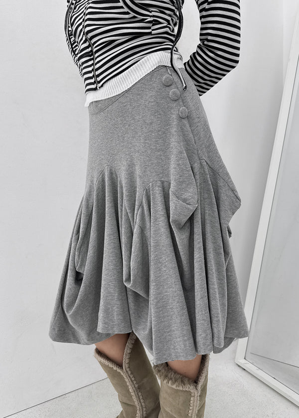 Sisi Button Unbalanced Draping Midi Skirt