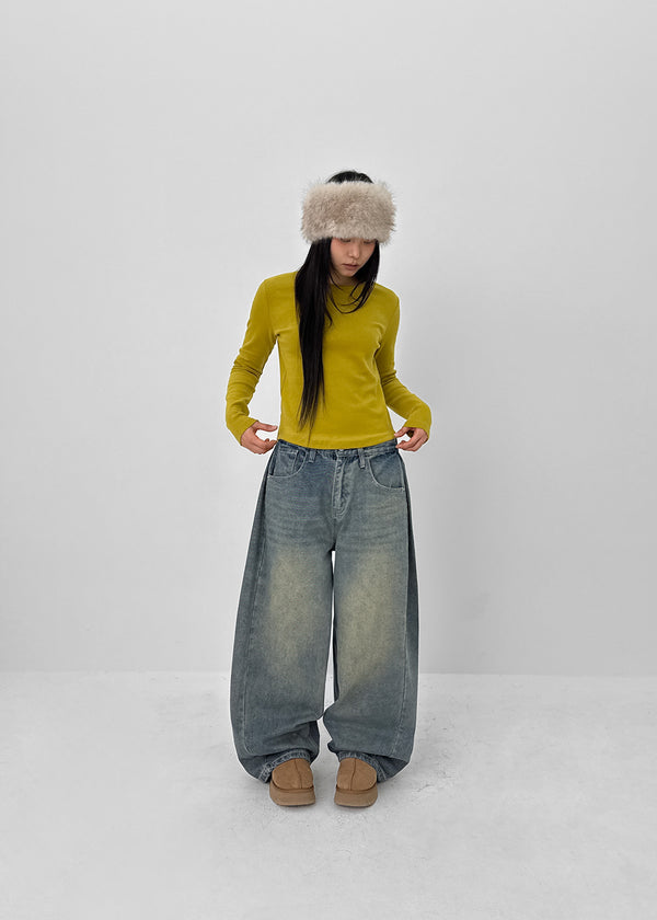 (UNISEX) Puening Pintuck Washed Wide Denim Pants