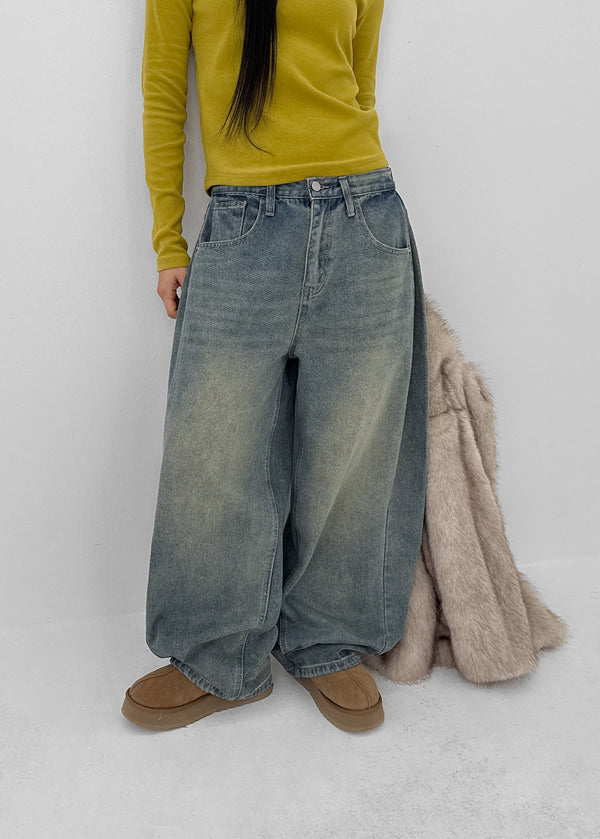 (UNISEX) Puening Pintuck Washed Wide Denim Pants