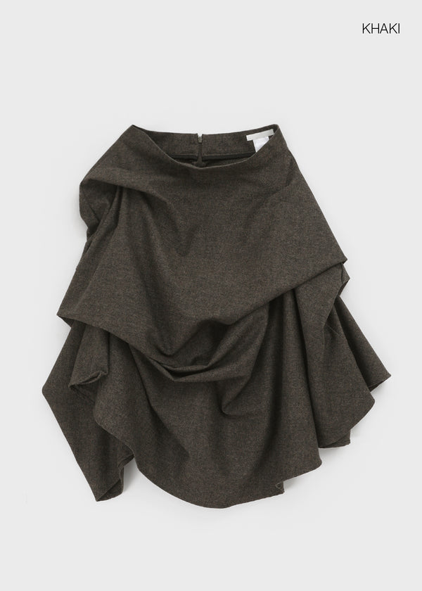 Nuken Unbalanced Shirring Wool Midi Skirt (35% Wool)