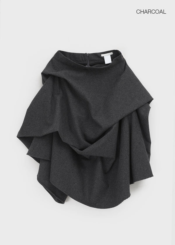 Nuken Unbalanced Shirring Wool Midi Skirt (35% Wool)