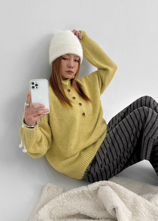 Paruding Button Wool High Neck Knit