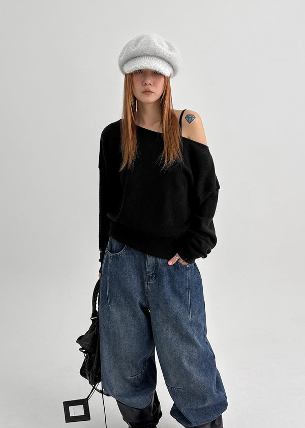 Estin Angora Button Off-shoulder Knit Man-to-man