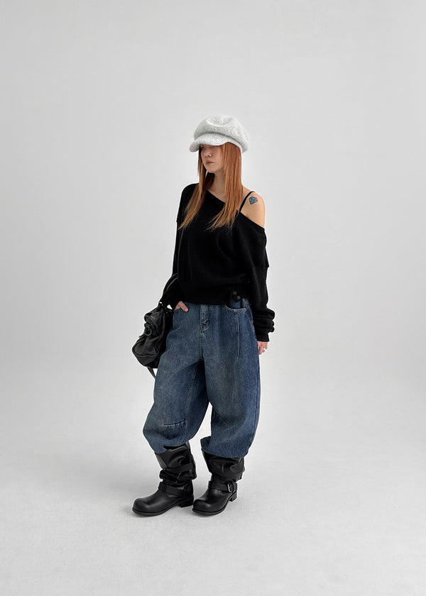 Estin Angora Button Off-shoulder Knit Man-to-man