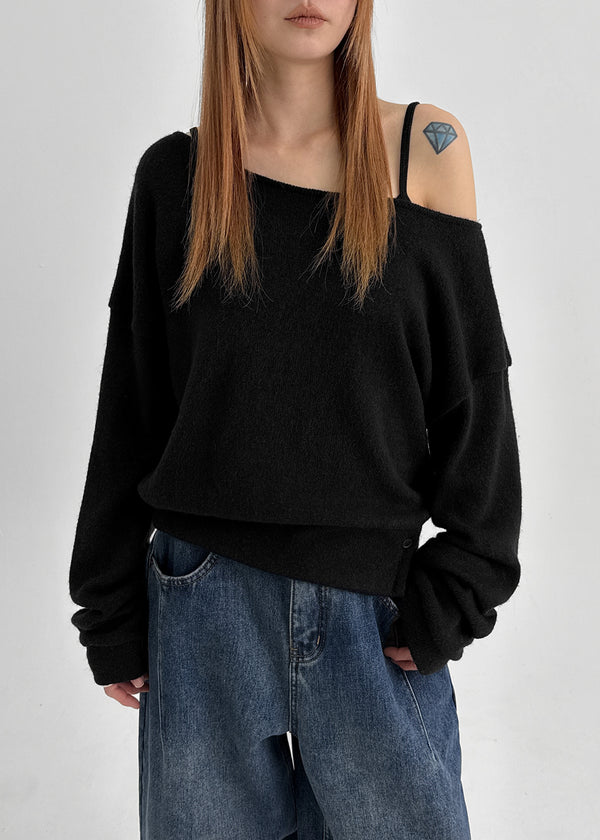 Estin Angora Button Off-shoulder Knit Man-to-man