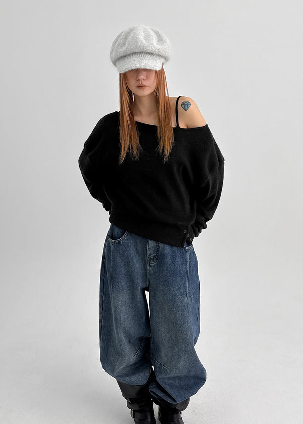 Estin Angora Button Off-shoulder Knit Man-to-man