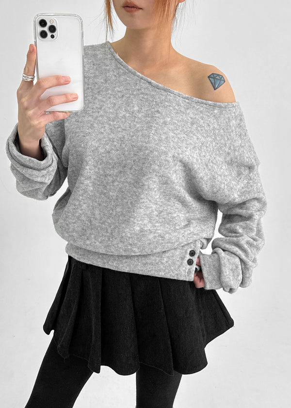 Estin Angora Button Off-shoulder Knit Man-to-man